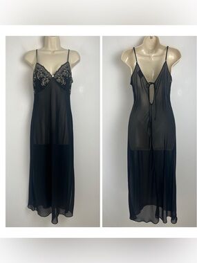 Vintage California Dynasty Small Black Embroidered Sheer 70's 80's Nightgown